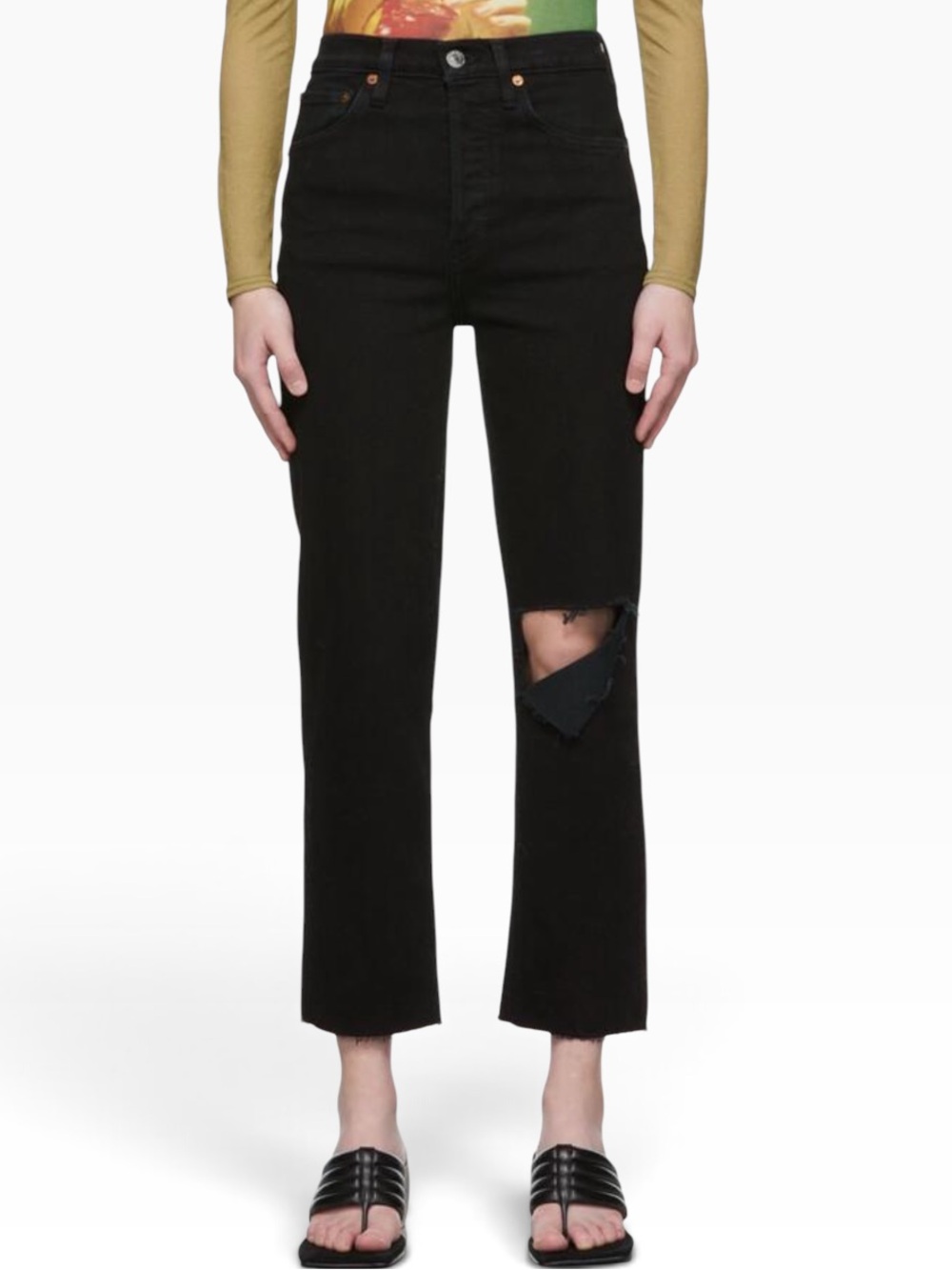 RE/DONE 70s Ultra High Rise Stove Pipe Black Destroy Jeans Size 27